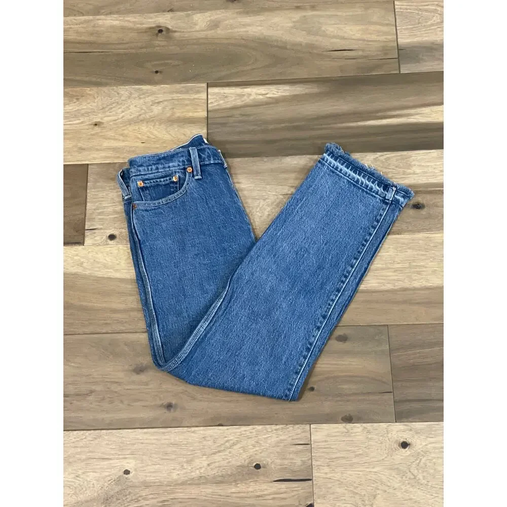 Levi’s Premium Wedgie Straight Cropped High Rise Button Fly Raw Hem Cotton Denim